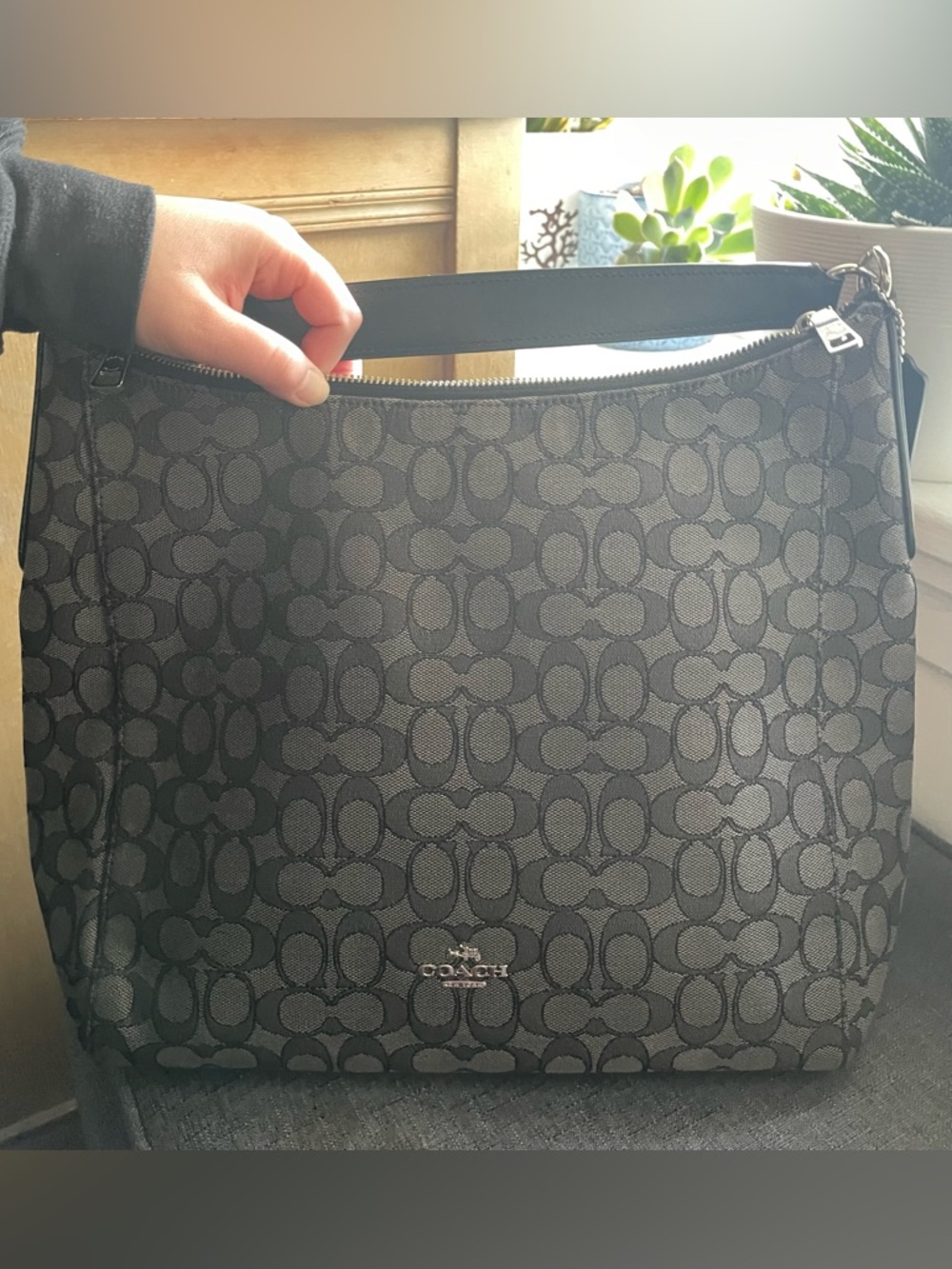 Coach Black Signature Canvas Shoulder Bag with removable crossbody strap